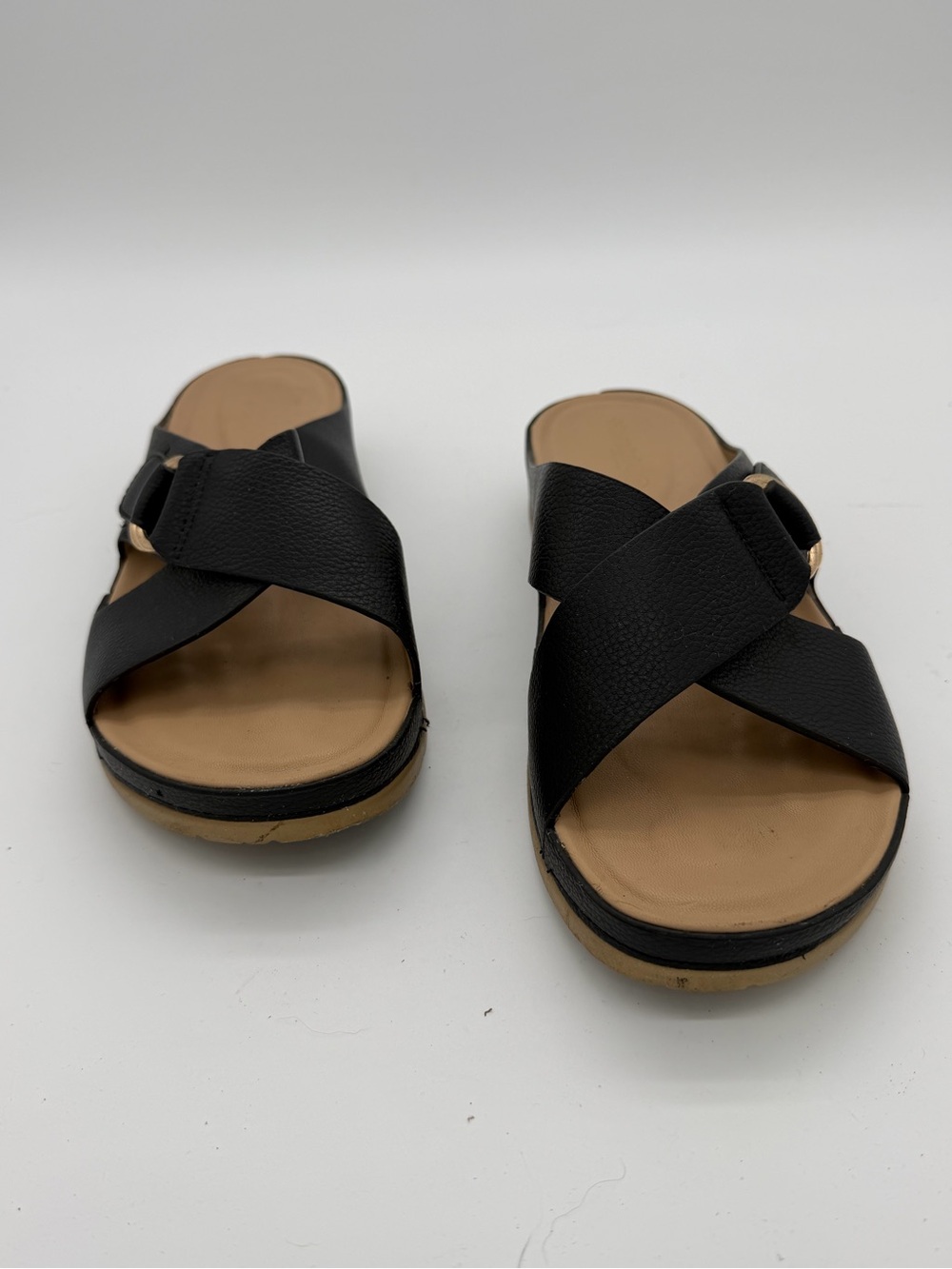 Women's Black Crisscross Slide Sandals with Buckle Accent